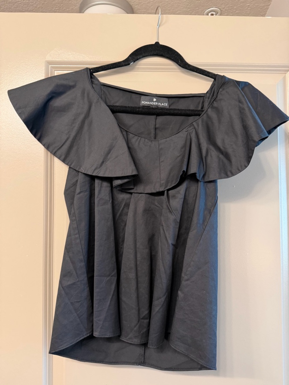 Pomander Place Black Ruffle Neck Blouse